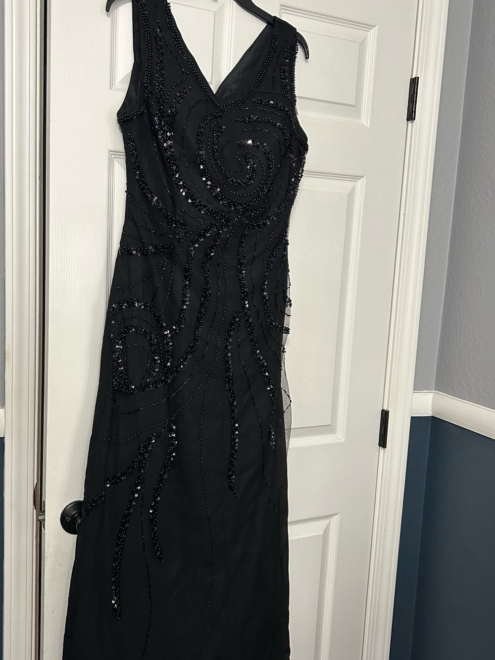 Black Beaded V-Neck Maxi Dress